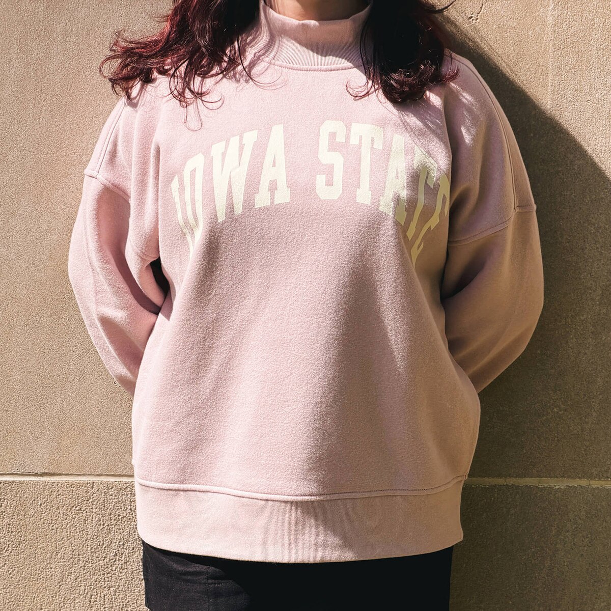 League Women's Iowa State Dusty Pink Mock Neck Crew Sweatshirt design close up in sunny lighting